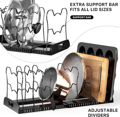 Expandable Pan Rack 10 Adjustable Compartments, White | Kitchen Cabinet Organizer for Pots, Pans, Lids & Bakeware - Pantry & Countertop Storage