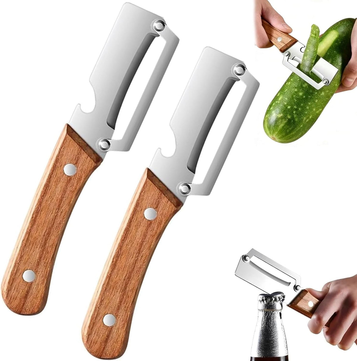 2PCS Multi-Functional Vegetable Peeler for Kitchen, Premium Vegetable Peeler with Bottle Opener and Wooden Handle and Bottle Opener, 2-in-1 Stainless Steel Kitchen Tool for Fruit Potato Pumpkin