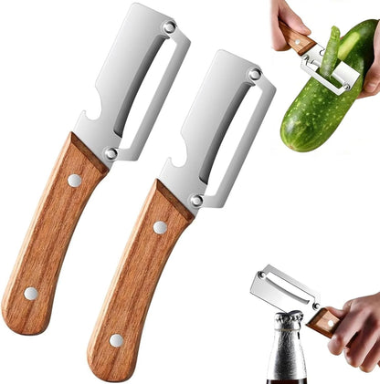2PCS Multi-Functional Vegetable Peeler for Kitchen, Premium Vegetable Peeler with Bottle Opener and Wooden Handle and Bottle Opener, 2-in-1 Stainless Steel Kitchen Tool for Fruit Potato Pumpkin