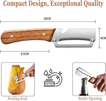 2PCS Multi-Functional Vegetable Peeler for Kitchen, Premium Vegetable Peeler with Bottle Opener and Wooden Handle and Bottle Opener, 2-in-1 Stainless Steel Kitchen Tool for Fruit Potato Pumpkin