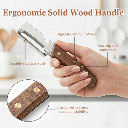 2PCS Multi-Functional Vegetable Peeler for Kitchen, Premium Vegetable Peeler with Bottle Opener and Wooden Handle and Bottle Opener, 2-in-1 Stainless Steel Kitchen Tool for Fruit Potato Pumpkin