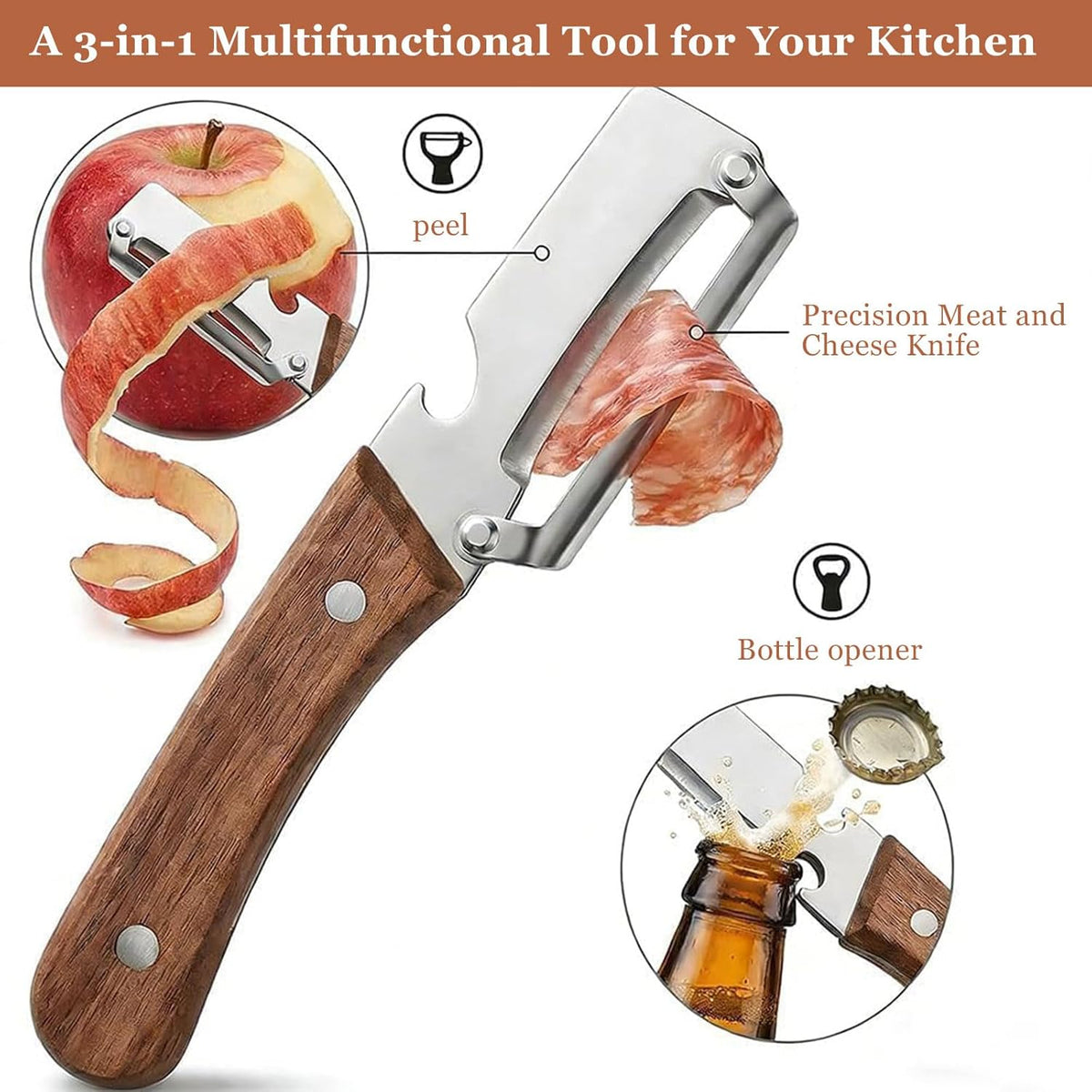 2PCS Multi-Functional Vegetable Peeler for Kitchen, Premium Vegetable Peeler with Bottle Opener and Wooden Handle and Bottle Opener, 2-in-1 Stainless Steel Kitchen Tool for Fruit Potato Pumpkin