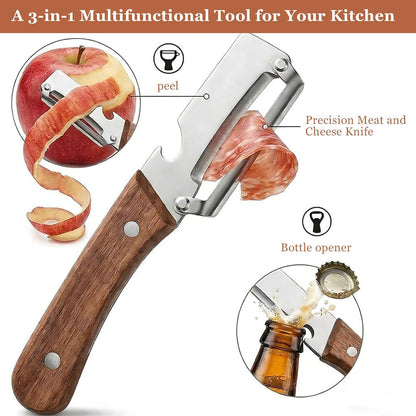 2PCS Multi-Functional Vegetable Peeler for Kitchen, Premium Vegetable Peeler with Bottle Opener and Wooden Handle and Bottle Opener, 2-in-1 Stainless Steel Kitchen Tool for Fruit Potato Pumpkin