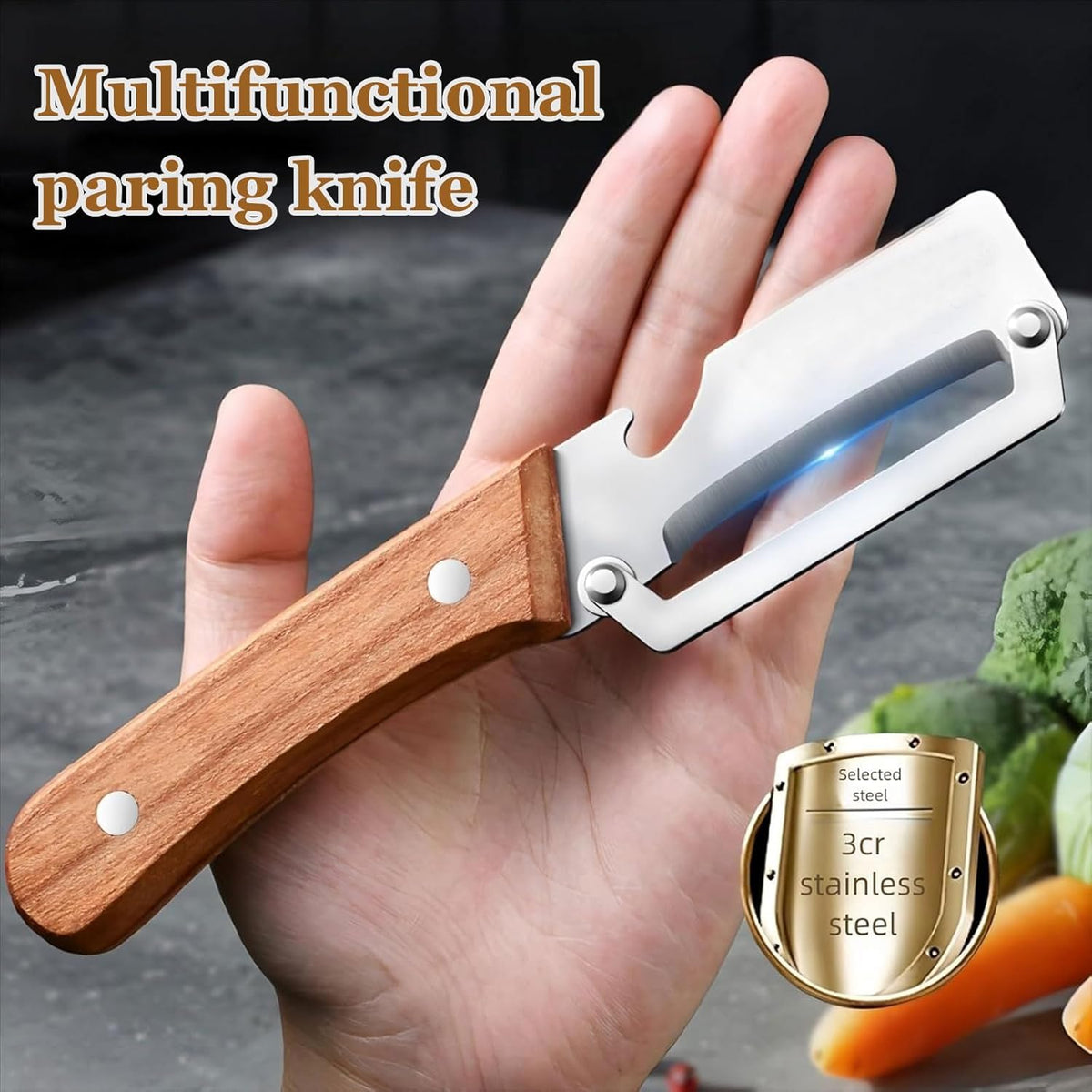 2PCS Multi-Functional Vegetable Peeler for Kitchen, Premium Vegetable Peeler with Bottle Opener and Wooden Handle and Bottle Opener, 2-in-1 Stainless Steel Kitchen Tool for Fruit Potato Pumpkin