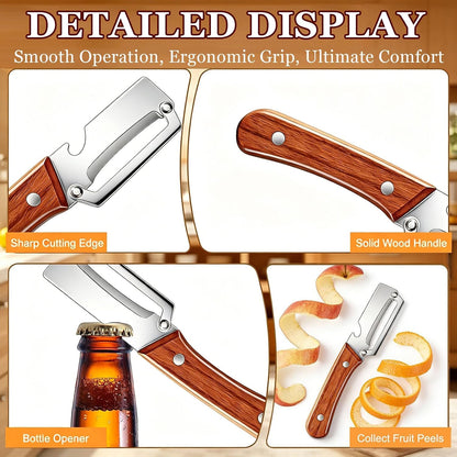 2PCS Multi-Functional Vegetable Peeler for Kitchen, Premium Vegetable Peeler with Bottle Opener and Wooden Handle and Bottle Opener, 2-in-1 Stainless Steel Kitchen Tool for Fruit Potato Pumpkin