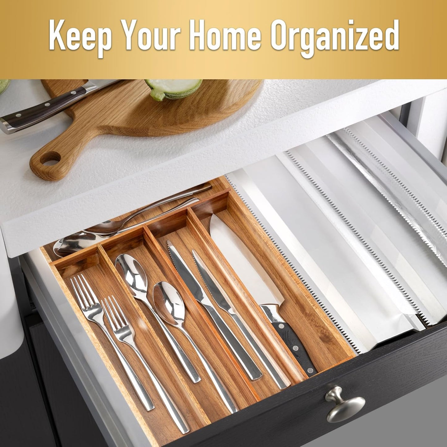 Silverware Organizer Kitchen Drawer Organizer Utensil Organizer Bamboo Silverware Holder Cutlery Organizer in Drawer Flatware Organizer Tray(5 slots, Natural