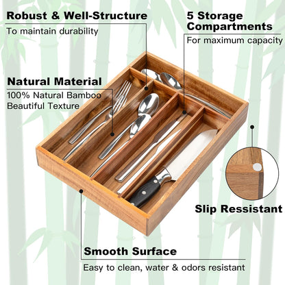 Silverware Organizer Kitchen Drawer Organizer Utensil Organizer Bamboo Silverware Holder Cutlery Organizer in Drawer Flatware Organizer Tray(5 slots, Natural