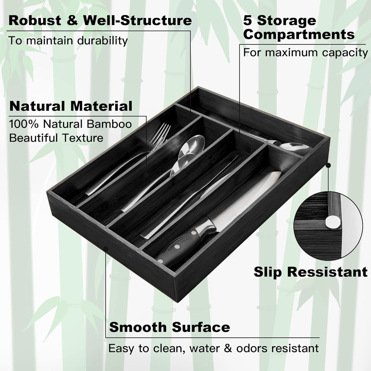 Silverware Organizer Kitchen Drawer Organizer Utensil Organizer Bamboo Silverware Holder Cutlery Organizer in Drawer Flatware Organizer Tray(5 slots, Natural
