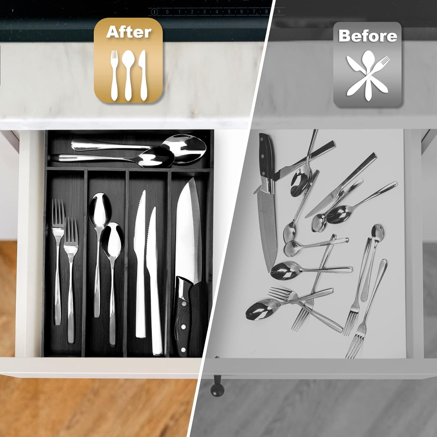 Silverware Organizer Kitchen Drawer Organizer Utensil Organizer Bamboo Silverware Holder Cutlery Organizer in Drawer Flatware Organizer Tray(5 slots, Natural