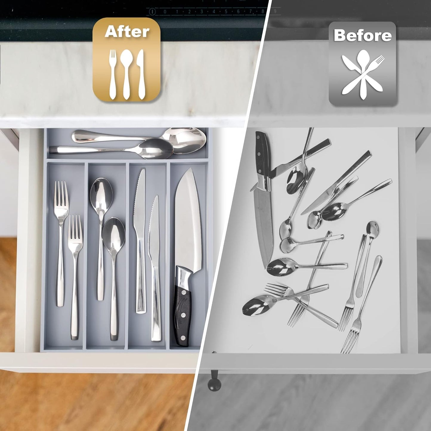 Silverware Organizer Kitchen Drawer Organizer Utensil Organizer Bamboo Silverware Holder Cutlery Organizer in Drawer Flatware Organizer Tray(5 slots, Natural