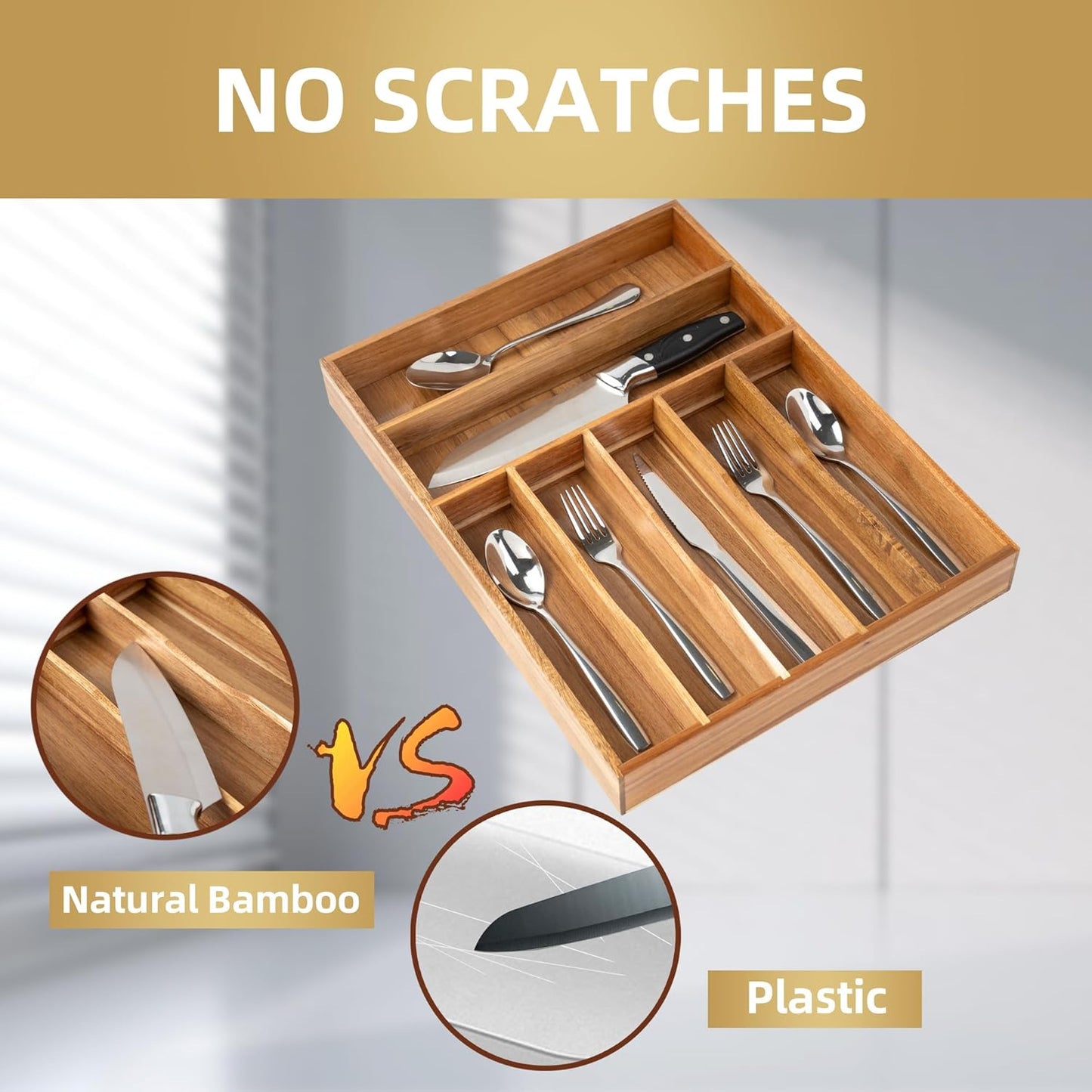 Silverware Organizer Kitchen Drawer Organizer Utensil Organizer Bamboo Silverware Holder Cutlery Organizer in Drawer Flatware Organizer Tray(5 slots, Natural