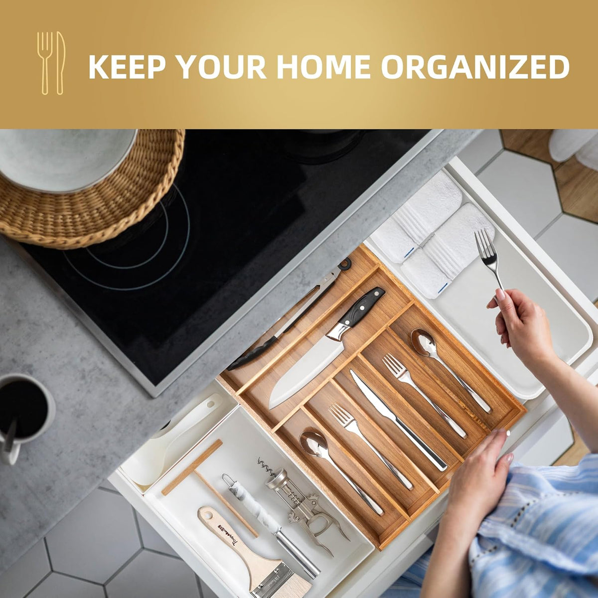 Silverware Organizer Kitchen Drawer Organizer Utensil Organizer Bamboo Silverware Holder Cutlery Organizer in Drawer Flatware Organizer Tray(5 slots, Natural