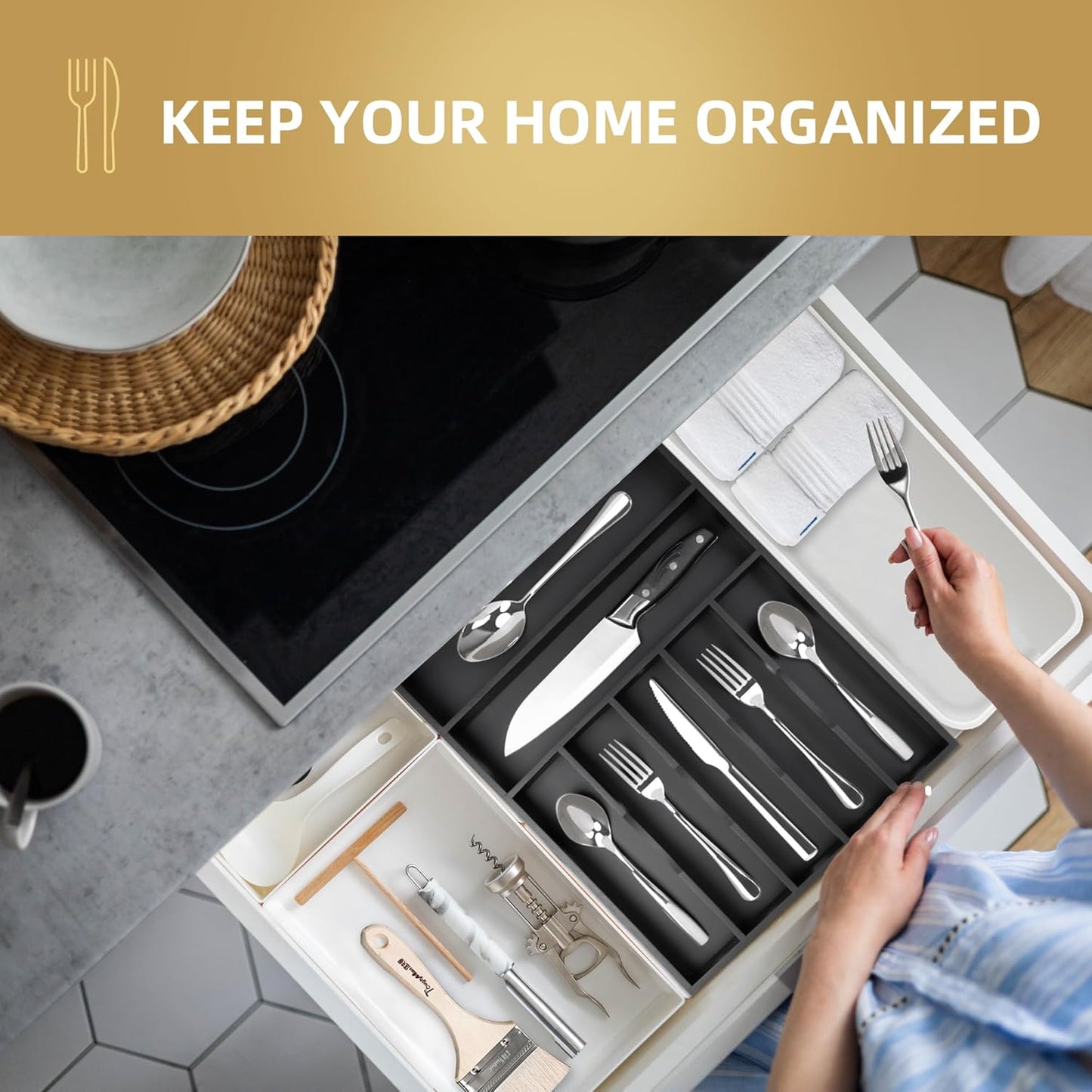 Silverware Organizer Kitchen Drawer Organizer Utensil Organizer Bamboo Silverware Holder Cutlery Organizer in Drawer Flatware Organizer Tray(5 slots, Natural