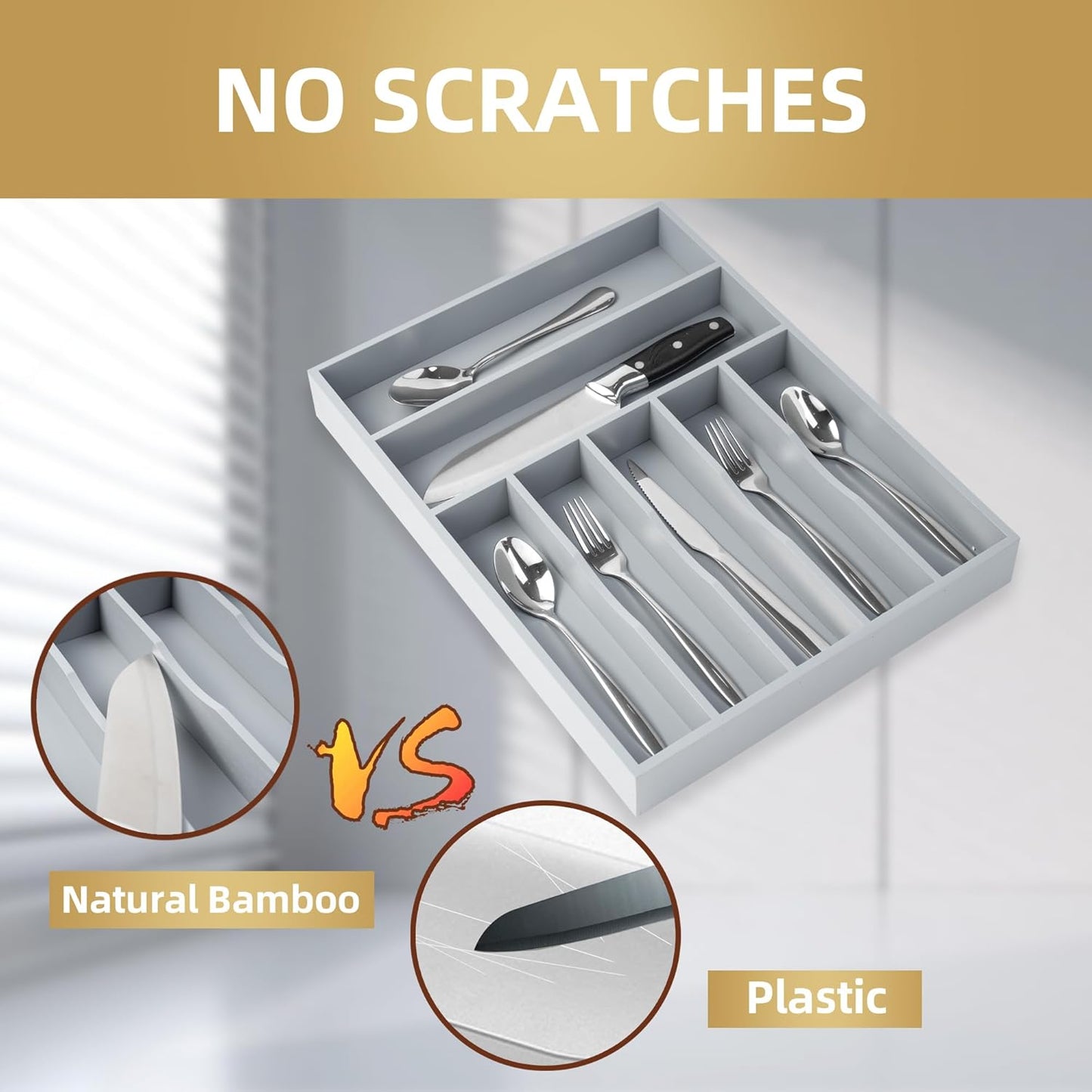 Silverware Organizer Kitchen Drawer Organizer Utensil Organizer Bamboo Silverware Holder Cutlery Organizer in Drawer Flatware Organizer Tray(5 slots, Natural