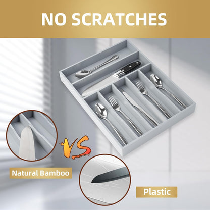 Silverware Organizer Kitchen Drawer Organizer Utensil Organizer Bamboo Silverware Holder Cutlery Organizer in Drawer Flatware Organizer Tray(5 slots, Natural