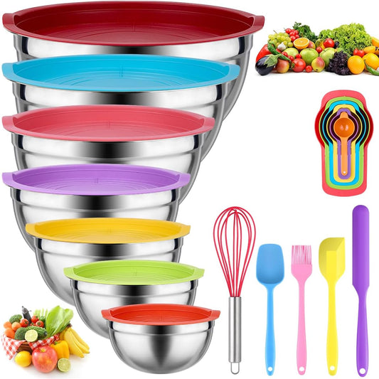 Mixing Bowls with Lids for Kitchen - 25 PCS Stainless Steel Nesting Colorful Mixing Bowls Set for Baking,Mixing,Serving & Prepping,Size 5, 3.7, 2.8, 2.3, 1.7, 1.1, 0.7QT,11 Cooking Utensils