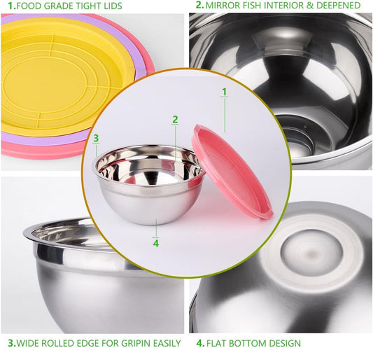 Mixing Bowls with Lids for Kitchen - 25 PCS Stainless Steel Nesting Colorful Mixing Bowls Set for Baking,Mixing,Serving & Prepping,Size 5, 3.7, 2.8, 2.3, 1.7, 1.1, 0.7QT,11 Cooking Utensils