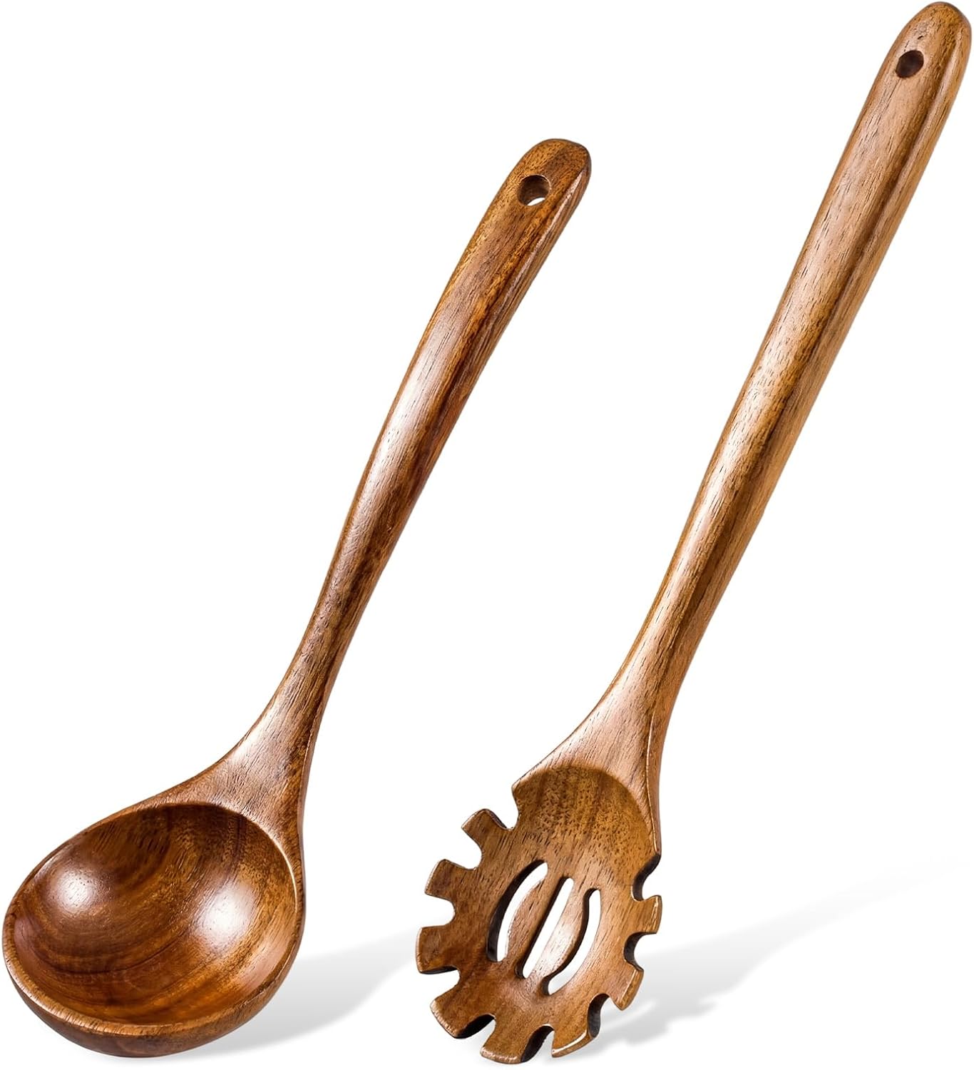 2-Piece Soup Ladle Pasta Spoon Set, Wooden Ladles for Cooking | Natural Teak Wood Soup Ladle and Slotted Spaghetti Spoon for Cooking, Serving and Stirring