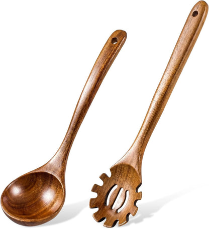 2-Piece Soup Ladle Pasta Spoon Set, Wooden Ladles for Cooking | Natural Teak Wood Soup Ladle and Slotted Spaghetti Spoon for Cooking, Serving and Stirring