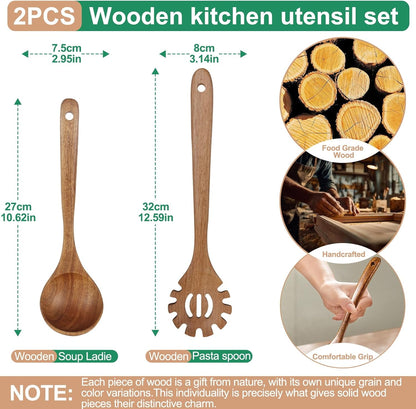 2-Piece Soup Ladle Pasta Spoon Set, Wooden Ladles for Cooking | Natural Teak Wood Soup Ladle and Slotted Spaghetti Spoon for Cooking, Serving and Stirring