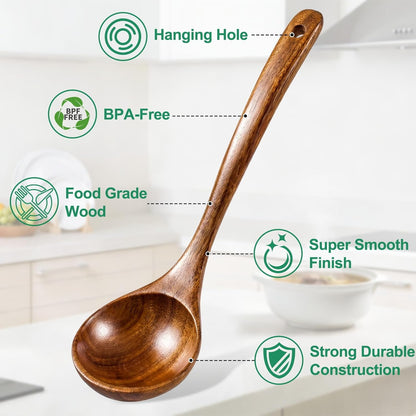 2-Piece Soup Ladle Pasta Spoon Set, Wooden Ladles for Cooking | Natural Teak Wood Soup Ladle and Slotted Spaghetti Spoon for Cooking, Serving and Stirring