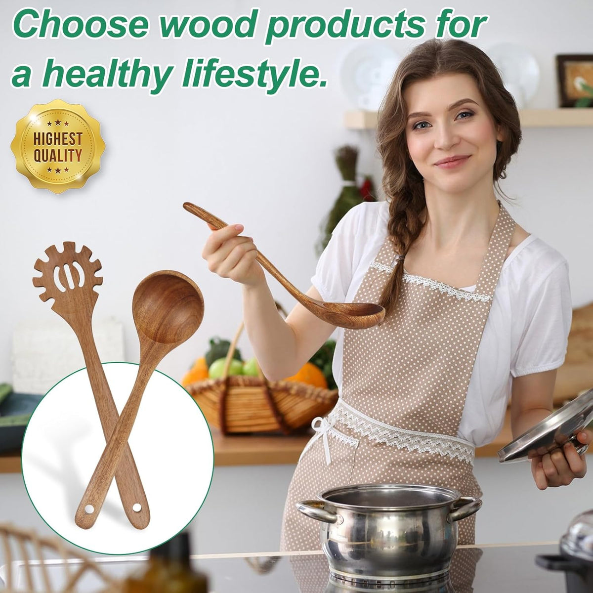 2-Piece Soup Ladle Pasta Spoon Set, Wooden Ladles for Cooking | Natural Teak Wood Soup Ladle and Slotted Spaghetti Spoon for Cooking, Serving and Stirring