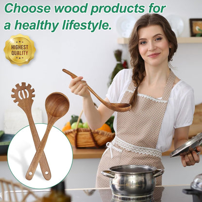 2-Piece Soup Ladle Pasta Spoon Set, Wooden Ladles for Cooking | Natural Teak Wood Soup Ladle and Slotted Spaghetti Spoon for Cooking, Serving and Stirring