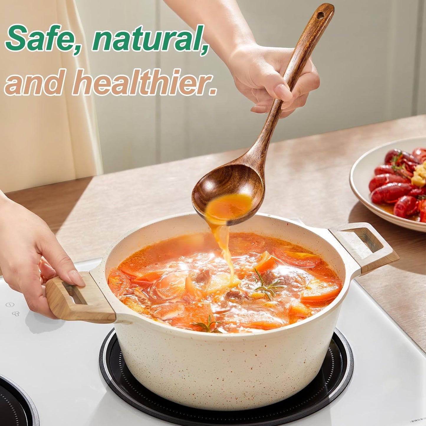 2-Piece Soup Ladle Pasta Spoon Set, Wooden Ladles for Cooking | Natural Teak Wood Soup Ladle and Slotted Spaghetti Spoon for Cooking, Serving and Stirring