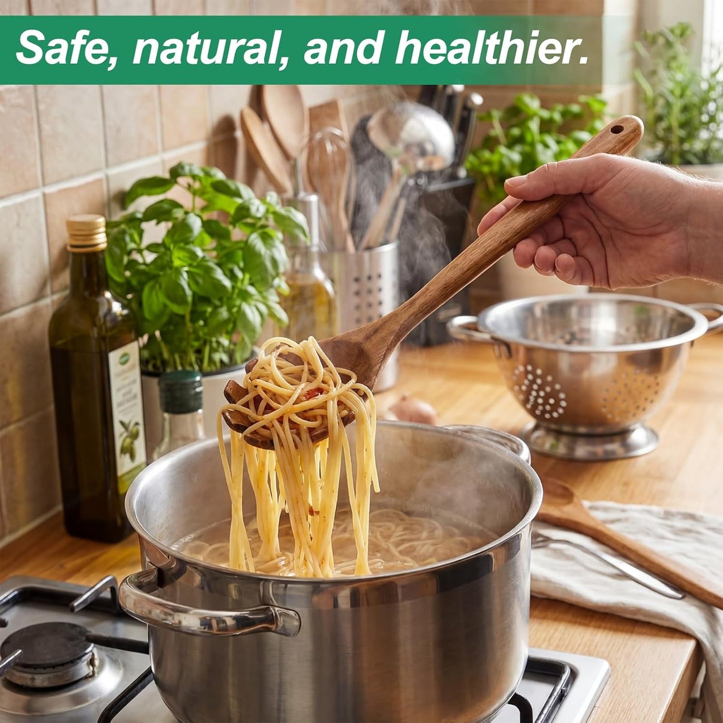 2-Piece Soup Ladle Pasta Spoon Set, Wooden Ladles for Cooking | Natural Teak Wood Soup Ladle and Slotted Spaghetti Spoon for Cooking, Serving and Stirring