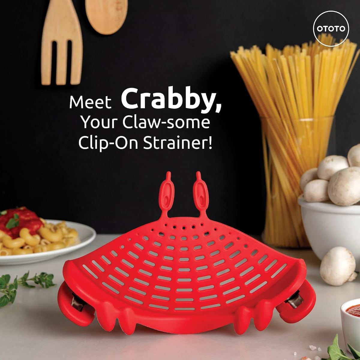 Crab Clip-On Strainer - Silicone Pasta Strainer with Stainless Steel Tongs - Unique Kitchen Gadgets, Cooking Gifts for Women, Kitchen Essentials, Funny Gifts, Kitchen Accessories - (Crabby)