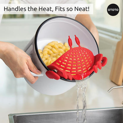 Crab Clip-On Strainer - Silicone Pasta Strainer with Stainless Steel Tongs - Unique Kitchen Gadgets, Cooking Gifts for Women, Kitchen Essentials, Funny Gifts, Kitchen Accessories - (Crabby)