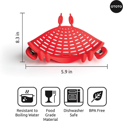 Crab Clip-On Strainer - Silicone Pasta Strainer with Stainless Steel Tongs - Unique Kitchen Gadgets, Cooking Gifts for Women, Kitchen Essentials, Funny Gifts, Kitchen Accessories - (Crabby)
