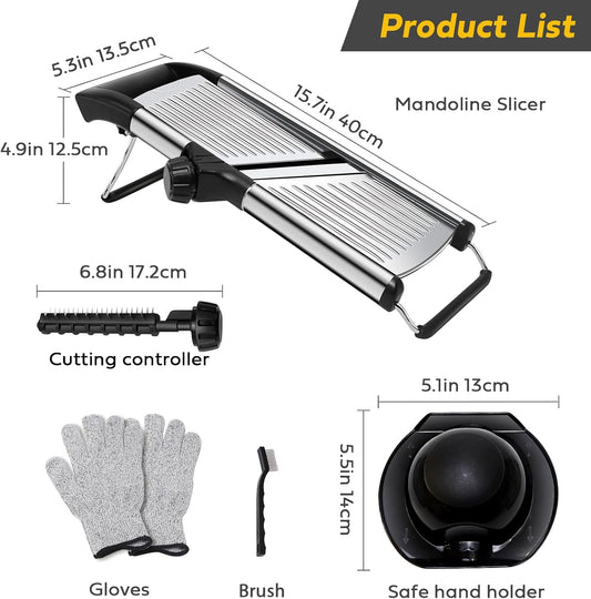 Mandoline Slicer for Kitchen, Stainless Steel adjustable Mandoline slicer | Non-Slip Mandolin with 4 Blades,Vegetable & Fruit Slicer for Potato,Tomato,onion,cucumber,with Cut-Resistant Gloves,Brush