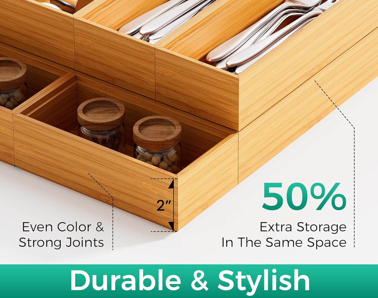 Long Bamboo Kitchen Drawer Organizer Boxes 17" x 6" Wood Pantry Organizers | Set of 2 Stackable Wooden Silverware Utensil Tray for Drawers Bins Cutlery & Flatware Storage for Junk Drawer Bathroom Rv