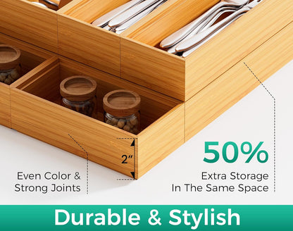 Long Bamboo Kitchen Drawer Organizer Boxes 17" x 6" Wood Pantry Organizers | Set of 2 Stackable Wooden Silverware Utensil Tray for Drawers Bins Cutlery & Flatware Storage for Junk Drawer Bathroom Rv