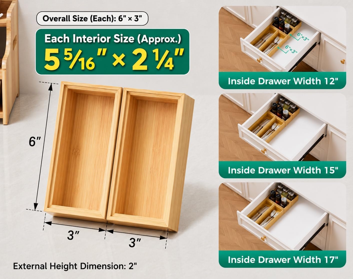 Long Bamboo Kitchen Drawer Organizer Boxes 17" x 6" Wood Pantry Organizers | Set of 2 Stackable Wooden Silverware Utensil Tray for Drawers Bins Cutlery & Flatware Storage for Junk Drawer Bathroom Rv