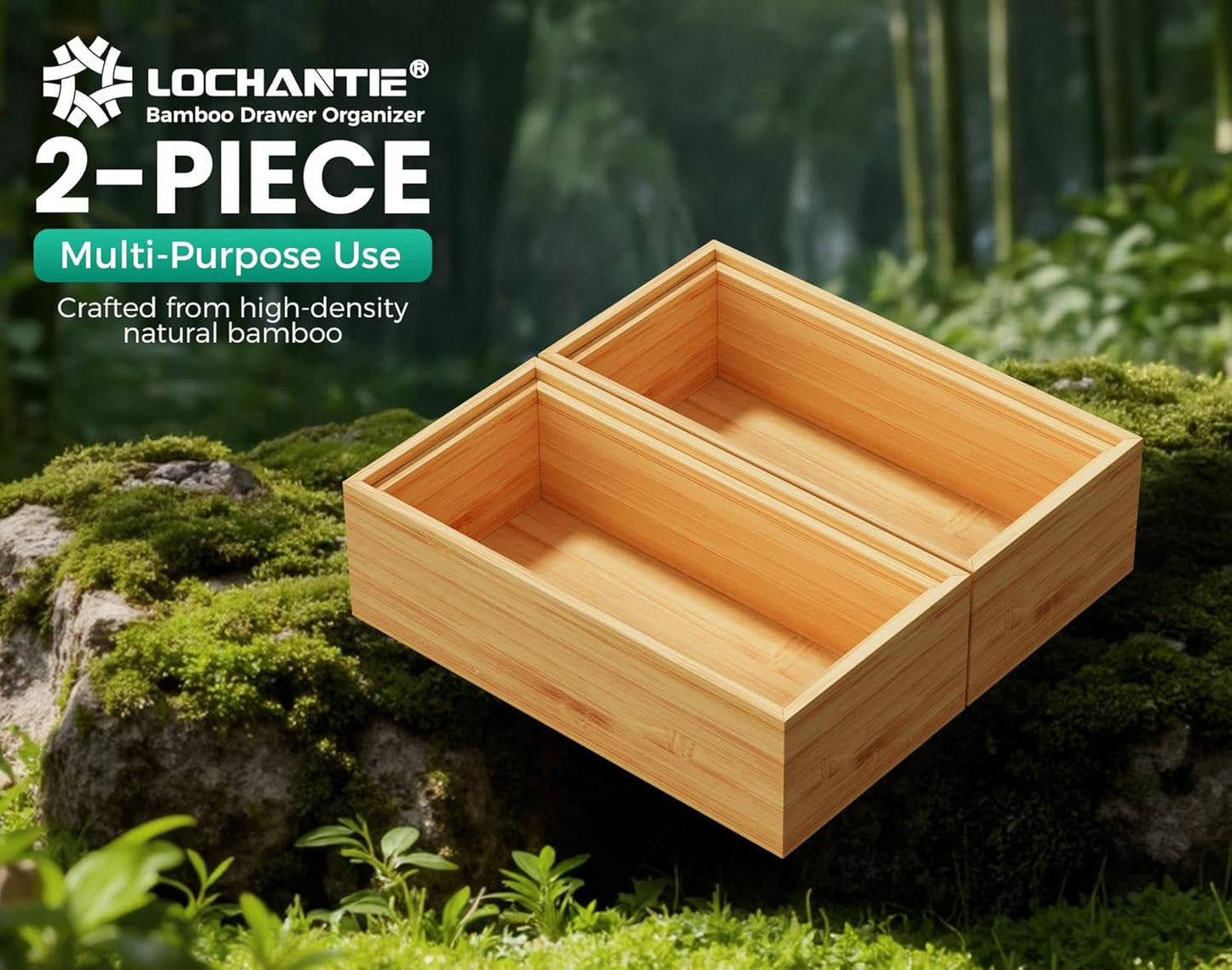 Long Bamboo Kitchen Drawer Organizer Boxes 17" x 6" Wood Pantry Organizers | Set of 2 Stackable Wooden Silverware Utensil Tray for Drawers Bins Cutlery & Flatware Storage for Junk Drawer Bathroom Rv