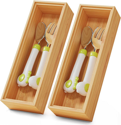 Long Bamboo Kitchen Drawer Organizer Boxes 17" x 6" Wood Pantry Organizers | Set of 2 Stackable Wooden Silverware Utensil Tray for Drawers Bins Cutlery & Flatware Storage for Junk Drawer Bathroom Rv