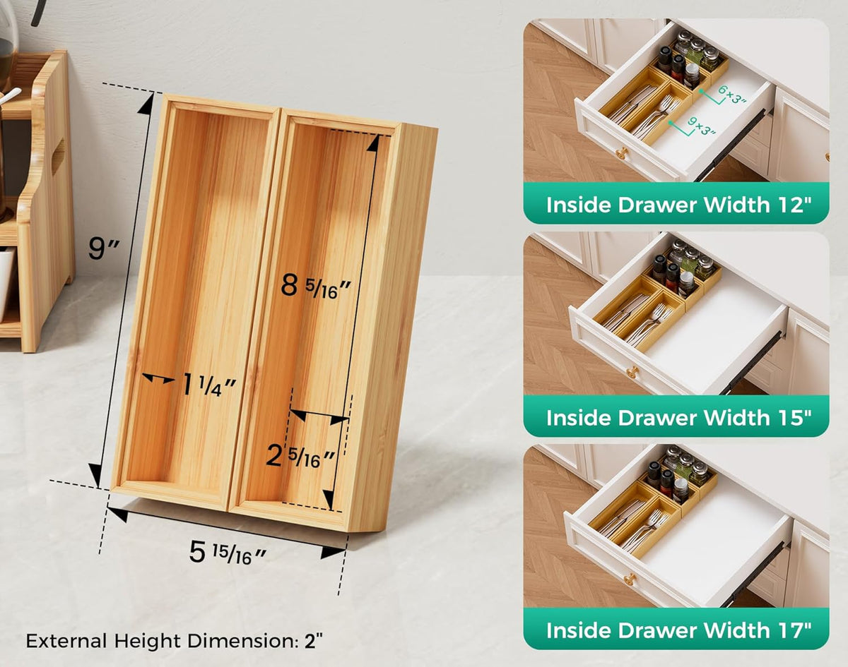 Long Bamboo Kitchen Drawer Organizer Boxes 17" x 6" Wood Pantry Organizers | Set of 2 Stackable Wooden Silverware Utensil Tray for Drawers Bins Cutlery & Flatware Storage for Junk Drawer Bathroom Rv
