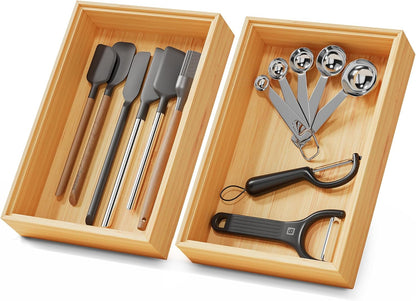 Long Bamboo Kitchen Drawer Organizer Boxes 17" x 6" Wood Pantry Organizers | Set of 2 Stackable Wooden Silverware Utensil Tray for Drawers Bins Cutlery & Flatware Storage for Junk Drawer Bathroom Rv