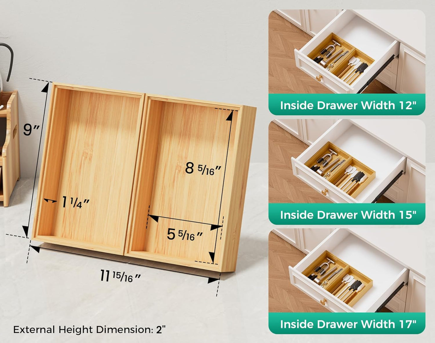Long Bamboo Kitchen Drawer Organizer Boxes 17" x 6" Wood Pantry Organizers | Set of 2 Stackable Wooden Silverware Utensil Tray for Drawers Bins Cutlery & Flatware Storage for Junk Drawer Bathroom Rv
