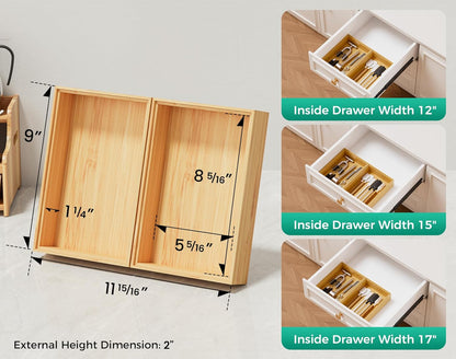 Long Bamboo Kitchen Drawer Organizer Boxes 17" x 6" Wood Pantry Organizers | Set of 2 Stackable Wooden Silverware Utensil Tray for Drawers Bins Cutlery & Flatware Storage for Junk Drawer Bathroom Rv