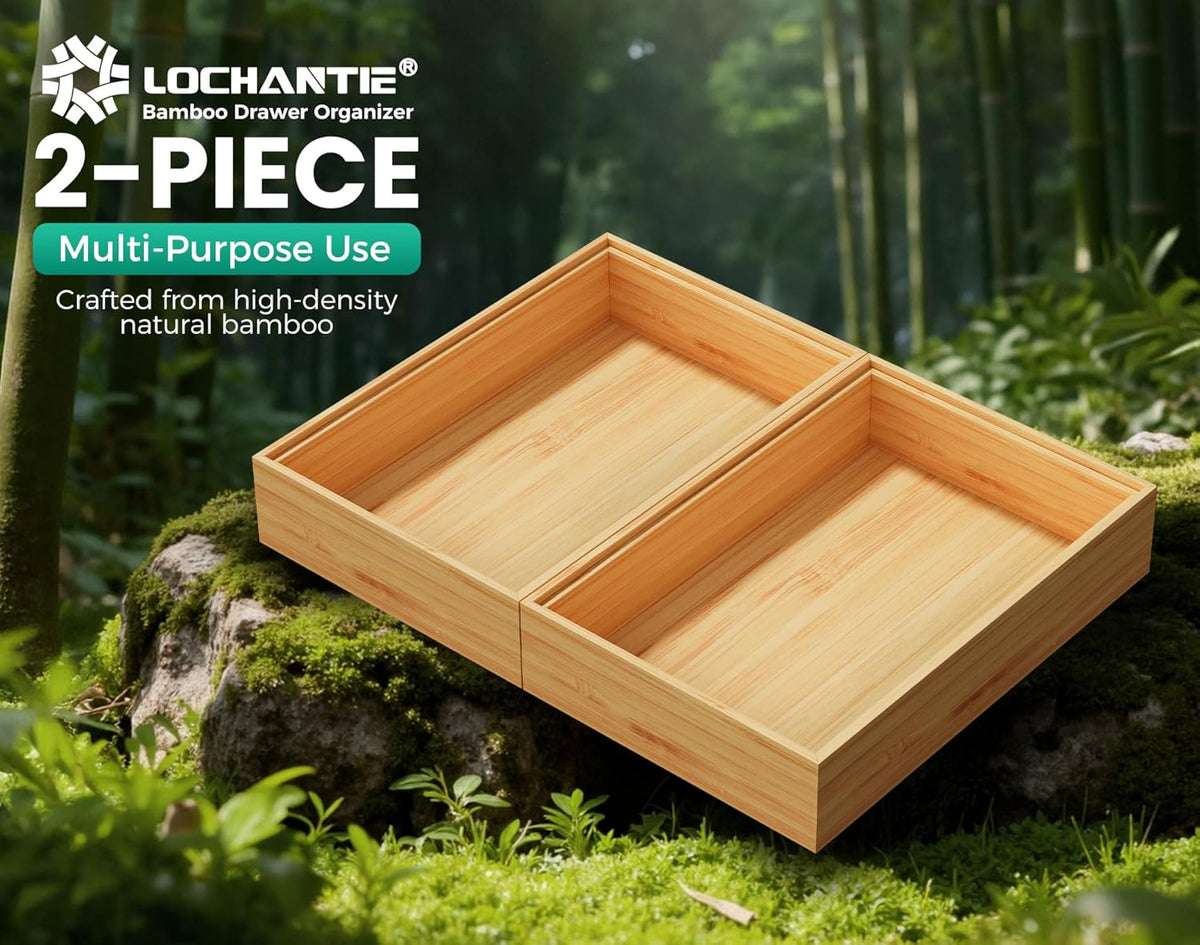 Long Bamboo Kitchen Drawer Organizer Boxes 17" x 6" Wood Pantry Organizers | Set of 2 Stackable Wooden Silverware Utensil Tray for Drawers Bins Cutlery & Flatware Storage for Junk Drawer Bathroom Rv