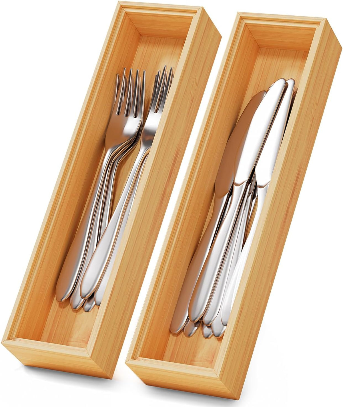 Long Bamboo Kitchen Drawer Organizer Boxes 17" x 6" Wood Pantry Organizers | Set of 2 Stackable Wooden Silverware Utensil Tray for Drawers Bins Cutlery & Flatware Storage for Junk Drawer Bathroom Rv