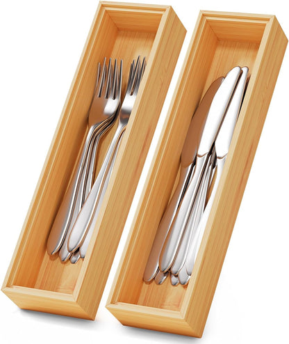 Long Bamboo Kitchen Drawer Organizer Boxes 17" x 6" Wood Pantry Organizers | Set of 2 Stackable Wooden Silverware Utensil Tray for Drawers Bins Cutlery & Flatware Storage for Junk Drawer Bathroom Rv