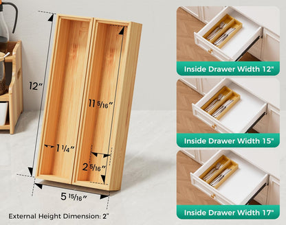 Long Bamboo Kitchen Drawer Organizer Boxes 17" x 6" Wood Pantry Organizers | Set of 2 Stackable Wooden Silverware Utensil Tray for Drawers Bins Cutlery & Flatware Storage for Junk Drawer Bathroom Rv
