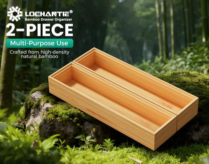 Long Bamboo Kitchen Drawer Organizer Boxes 17" x 6" Wood Pantry Organizers | Set of 2 Stackable Wooden Silverware Utensil Tray for Drawers Bins Cutlery & Flatware Storage for Junk Drawer Bathroom Rv