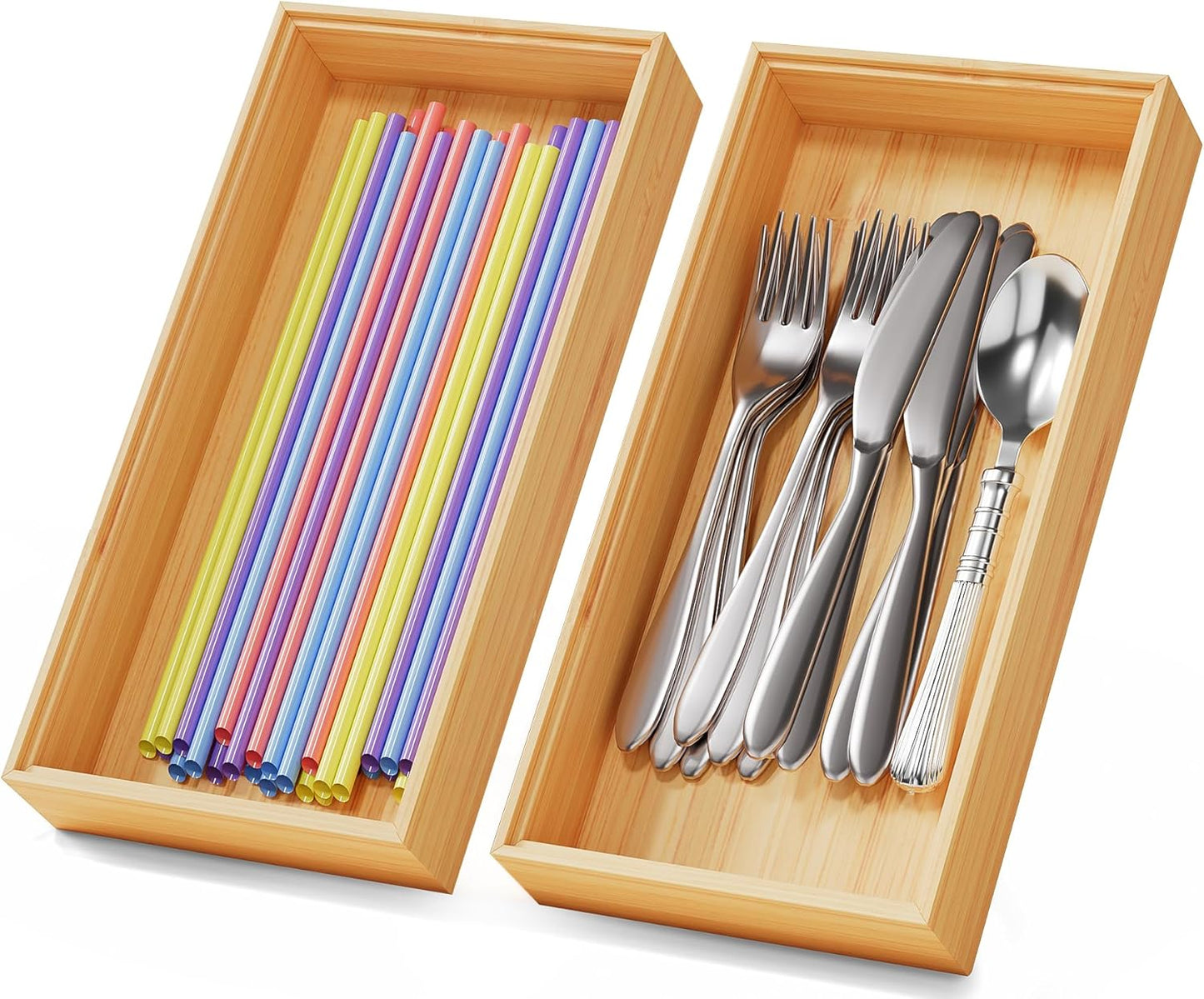 Long Bamboo Kitchen Drawer Organizer Boxes 17" x 6" Wood Pantry Organizers | Set of 2 Stackable Wooden Silverware Utensil Tray for Drawers Bins Cutlery & Flatware Storage for Junk Drawer Bathroom Rv