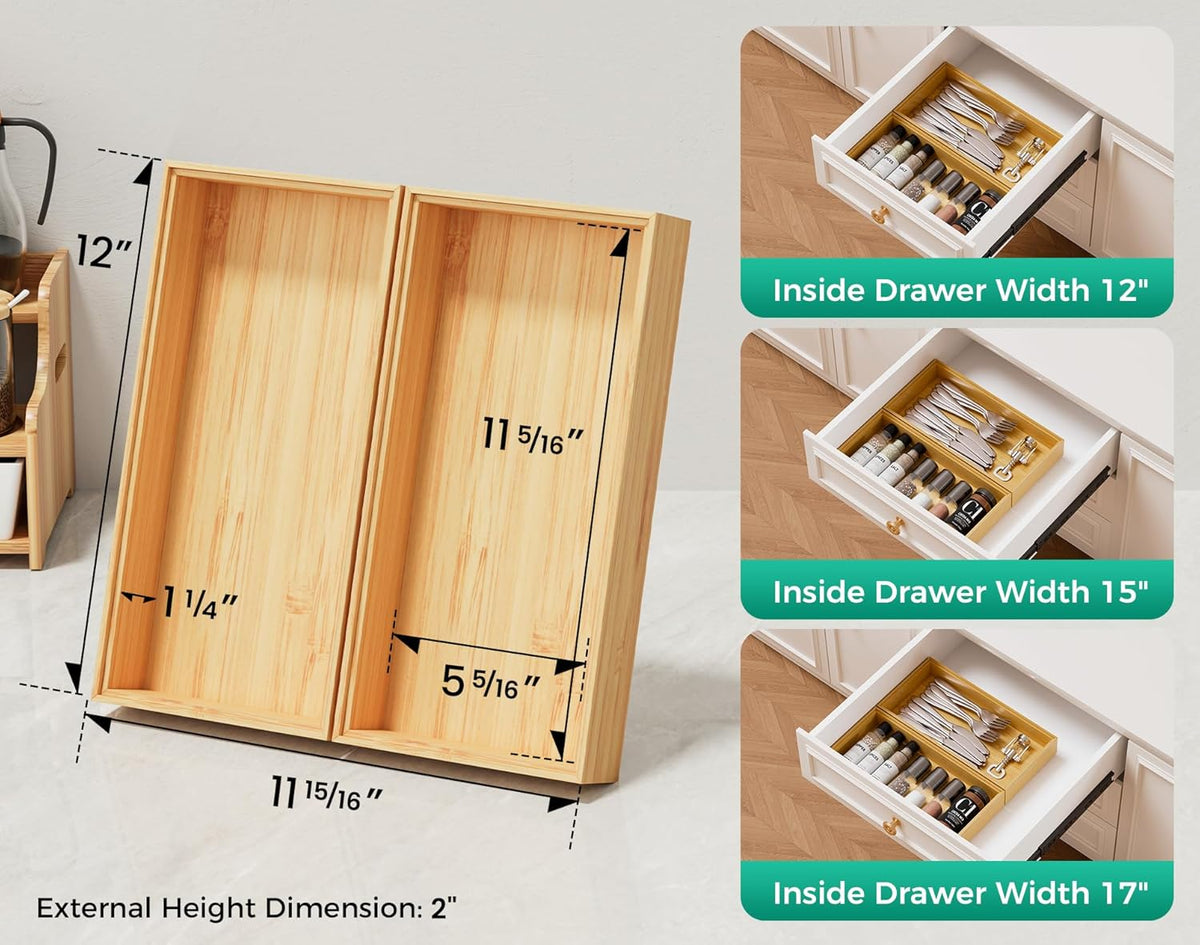 Long Bamboo Kitchen Drawer Organizer Boxes 17" x 6" Wood Pantry Organizers | Set of 2 Stackable Wooden Silverware Utensil Tray for Drawers Bins Cutlery & Flatware Storage for Junk Drawer Bathroom Rv
