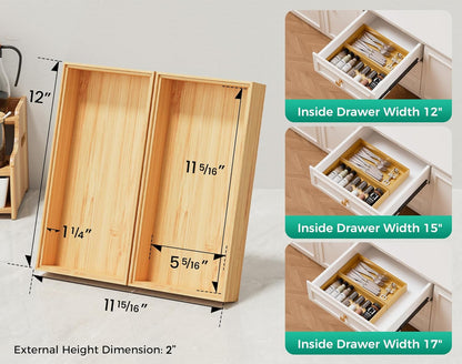 Long Bamboo Kitchen Drawer Organizer Boxes 17" x 6" Wood Pantry Organizers | Set of 2 Stackable Wooden Silverware Utensil Tray for Drawers Bins Cutlery & Flatware Storage for Junk Drawer Bathroom Rv